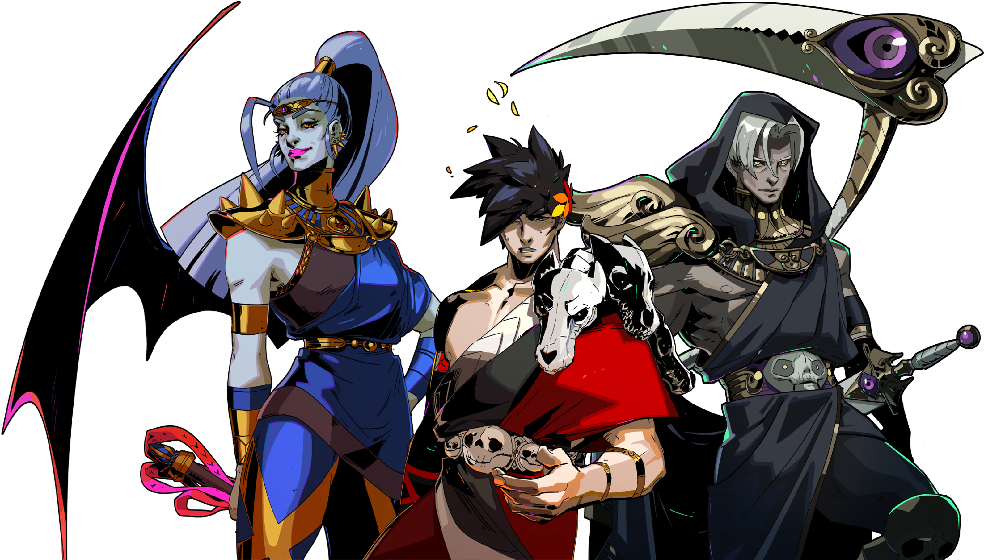 From left to right, a picture of happy Megaera, sweaty Zagreus, and serious Thanatos.