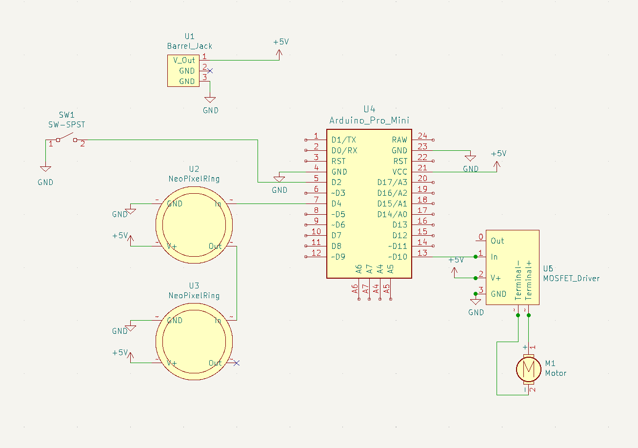 Diagram indicating circuit for shortcut keyboard. Diagram includes Arduino Pro Mini connected to Adafruit Neopixel rings, switch, MOSFET driver, and solenoid.