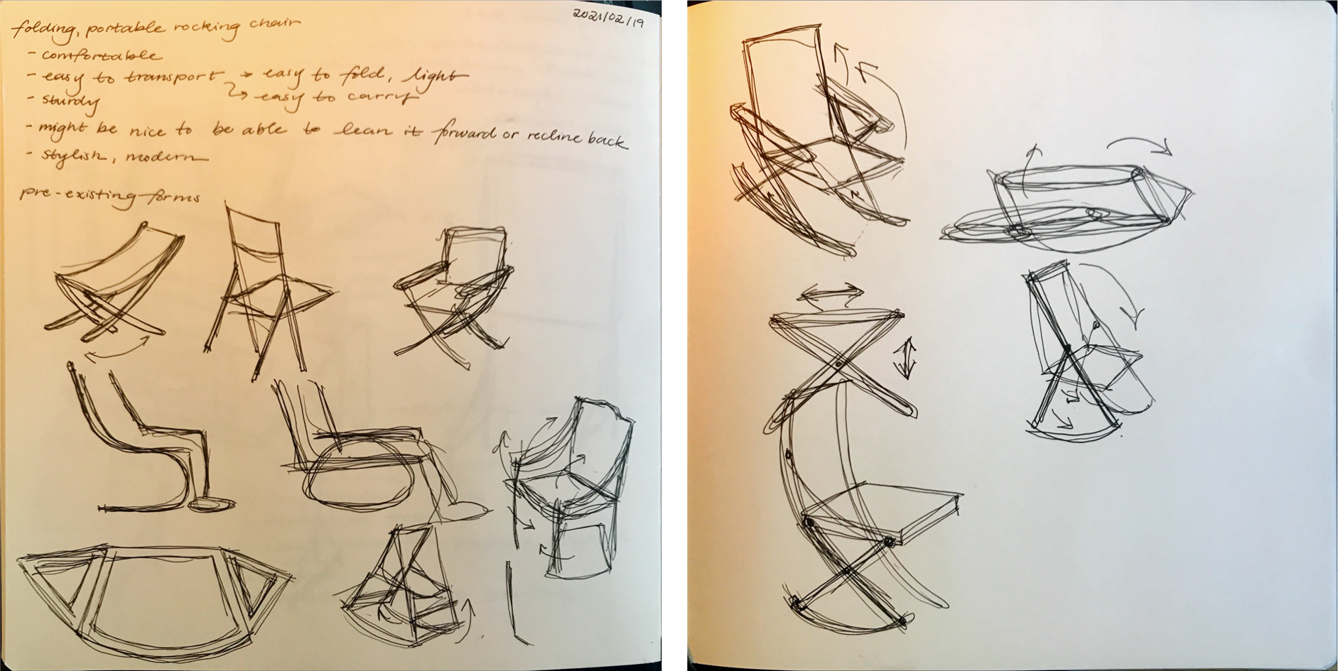 Rocking chair ideation sketches.